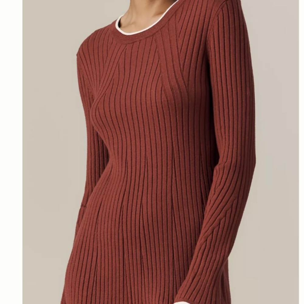 NWT Varley - Xander Long Sleeve Rib Knit Dress - Maroon & White - Large - Picture 2 of 8